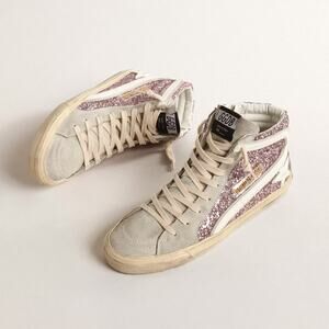 Golden Goose Slide Glitter Sneakers NEW Lilac Glitter Star & Flash High Top 39
